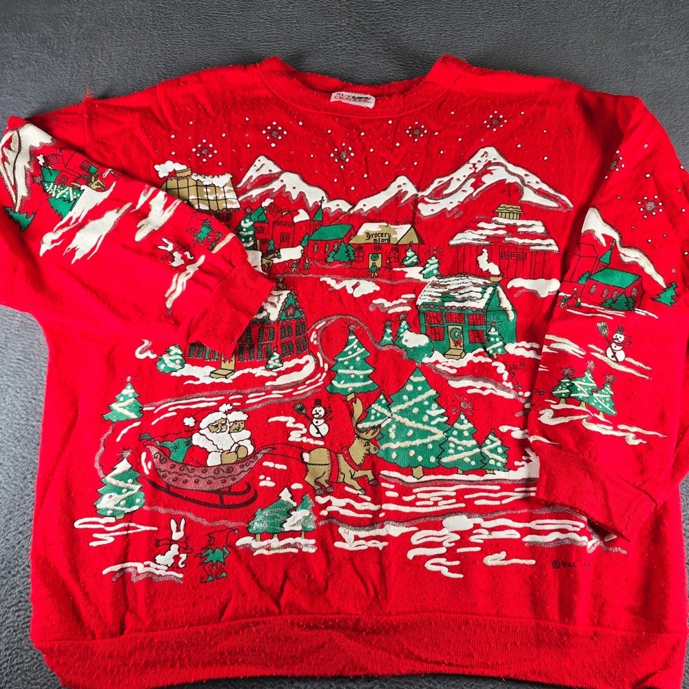 Vintage Nutcracker Christmas Sweatshirt Red Santa Winter Village Glitter Large
